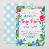 Kinder Berry First Birthday Uitnodiging aardbei (Voorkant / Achterkant)