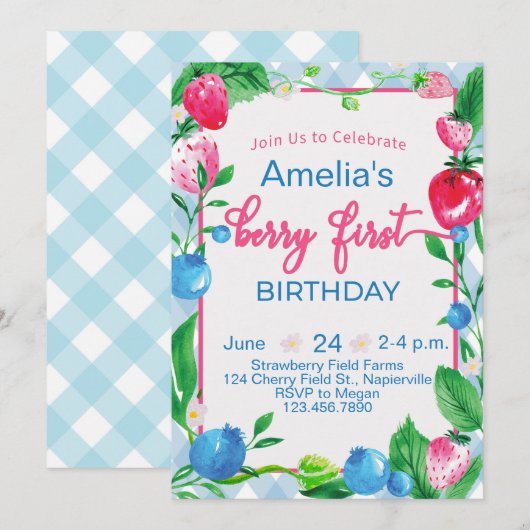 Kinder Berry First Birthday Uitnodiging aardbei (Voorkant / Achterkant)