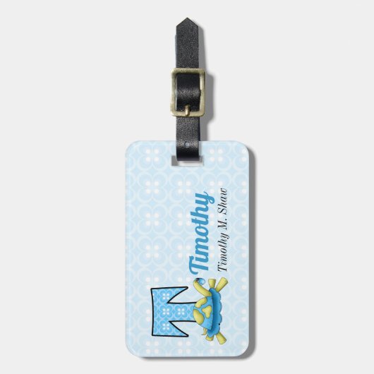 Kinder blauw schildpad Monogram T Bagagelabel (Voorkant verticaal)