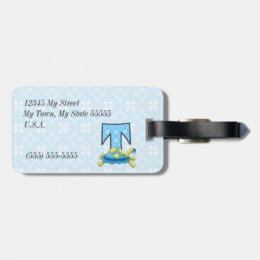 Kinder blauw schildpad Monogram T Bagagelabel (Achterkant horizontaal)