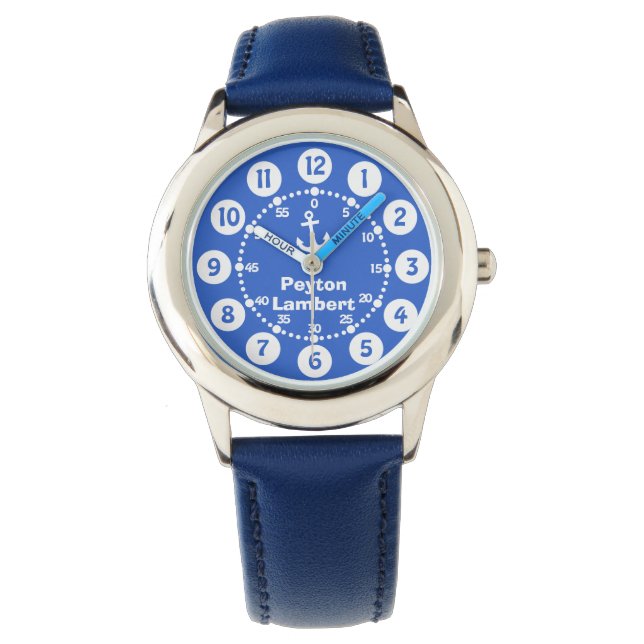Kinder blauw & wit anker volledige naam polshorlog horloge (Voorkant)