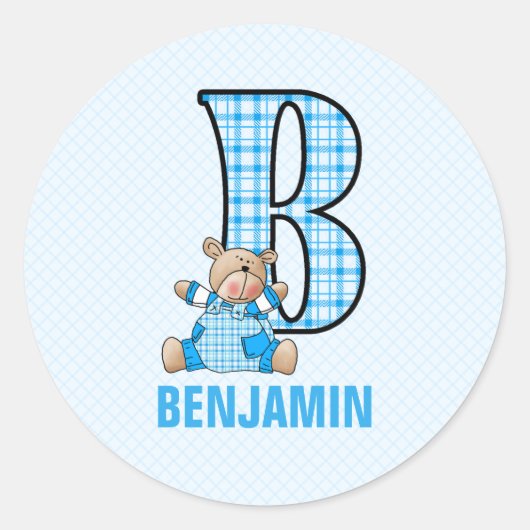 Kinder Blauwe Beer Letter B Jongen gecontroleerd N Ronde Sticker (Voorkant)