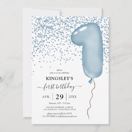 Kinder Blauwe Eerste Ballonuitnodiging Kaart (Voorkant)