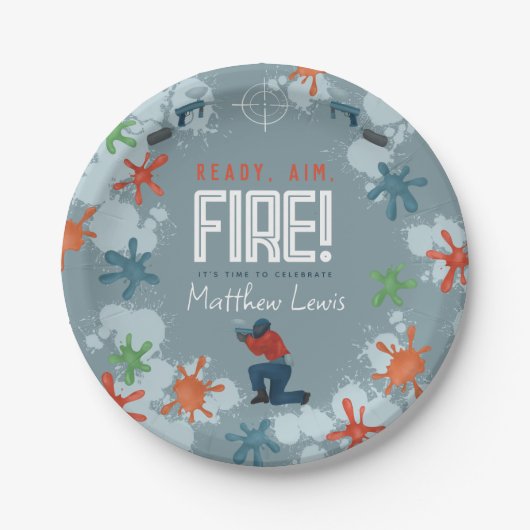 Kinder Blauwe Paintball Jongens Verjaardagsfeestje Papieren Bordje (Voorkant)