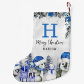 Kinder Blauwe Pinguïn Monogram Naam Kleine Kerstsok (Achterkant)
