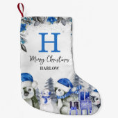 Kinder Blauwe Pinguïn Monogram Naam Kleine Kerstsok (Voorkant)