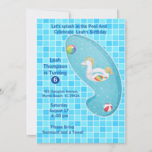 Kinder blauwe pool Unicorn Birthday-uitnodigingen Kaart (Voorkant)