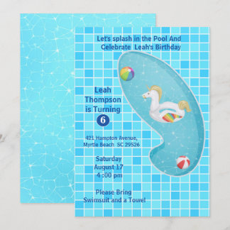 Kinder blauwe pool Unicorn Birthday-uitnodigingen Kaart
