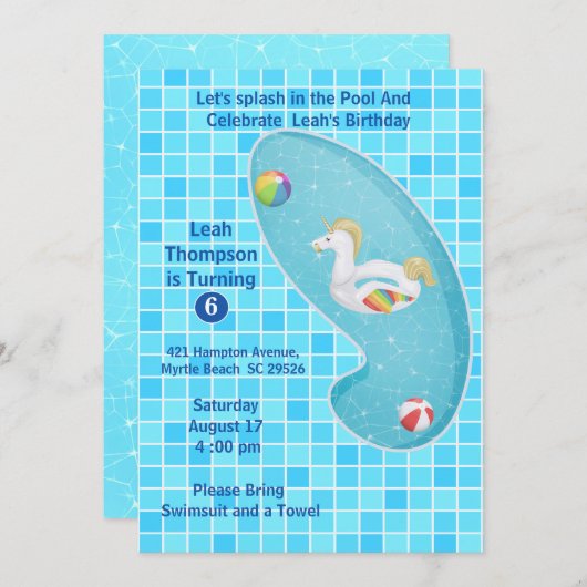 Kinder blauwe pool Unicorn Birthday-uitnodigingen Kaart (Voorkant / Achterkant)