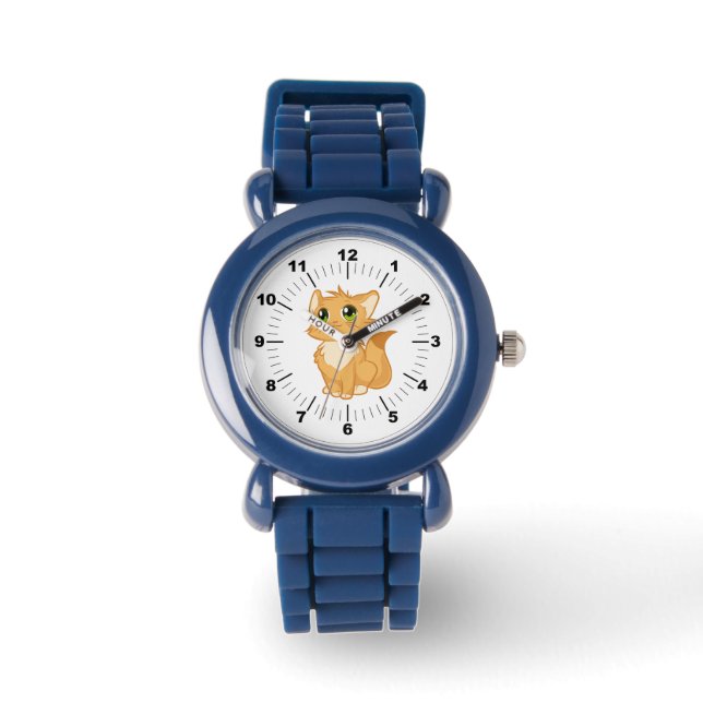 Kinder Blauwe Siliconenband - Schattigee Cat Horloge (Voorkant)