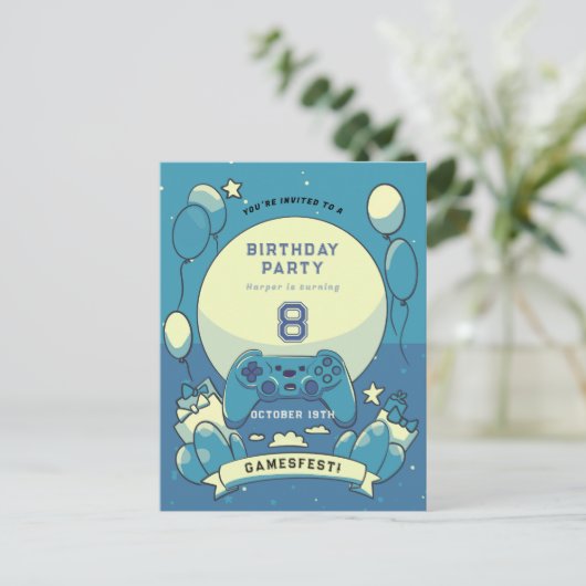 Kinder Blauwe SpelletjesFest Verjaardagsuitnodigin Briefkaart (Staand voorkant)