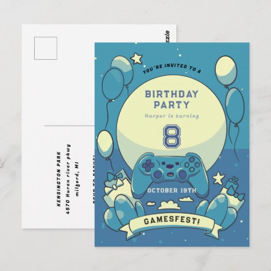 Kinder Blauwe SpelletjesFest Verjaardagsuitnodigin Briefkaart (Voorkant / Achterkant)