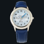 Kinder Blauwe Vliegtuig Cartoon en Naam Jongens Horloge<br><div class="desc">Dit schattige transport vliegtuigontwerp is voorzien van een handgetekende doodle vliegtuig met een achtergrond van blauwe lucht en wolken, en kan worden gepersonaliseerd met de naam van je jongen. Perfect voor een vliegtuig en reizen liefdevolle kinder eerste horloge! Bekijk onze winkel voor andere leuke design.</div>