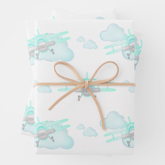 Kinder Blauwe Vliegtuig Vliegende Luchtvaart Verja Inpakpapier Vel (In situ)