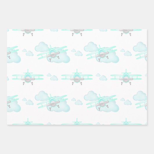 Kinder Blauwe Vliegtuig Vliegende Luchtvaart Verja Inpakpapier Vel (Voorkant)