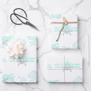 Kinder Blauwe Vliegtuig Vliegende Luchtvaart Verja Inpakpapier Vel