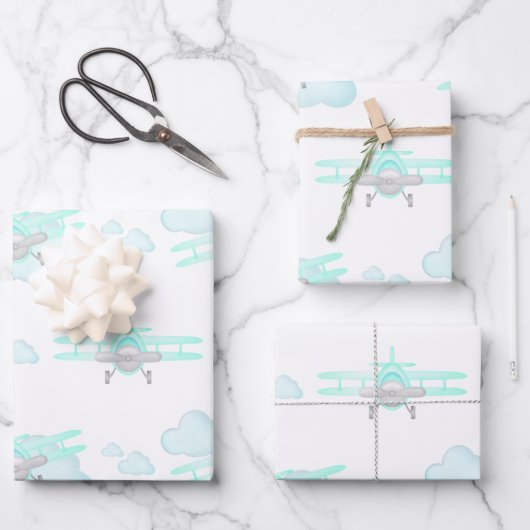 Kinder Blauwe Vliegtuig Vliegende Luchtvaart Verja Inpakpapier Vel (Voorkant)