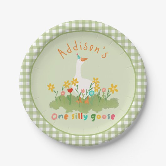 Kinder Bloemgroen Een Gekke Gans 1e Verjaardag Papieren Bordje (Voorkant)