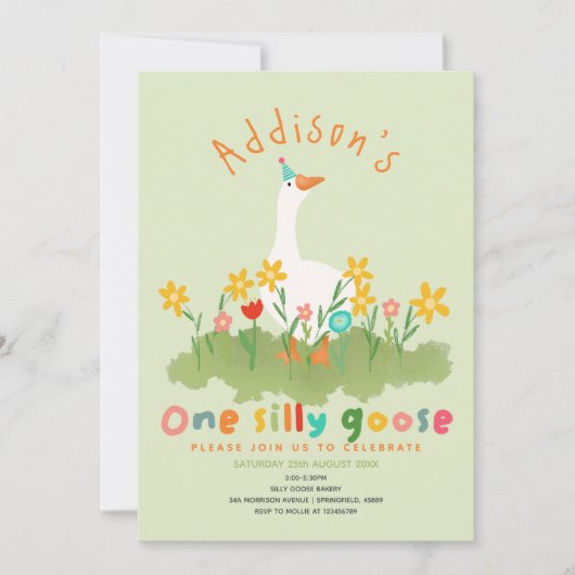 Kinder Bloemgroen Een Gekke Gans Eerste Verjaardag Kaart (Voorkant)