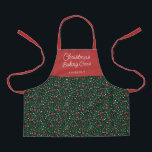 Kinder bloemmotief kerstbakbemanning | Naam Schort<br><div class="desc">Dit prachtige kerstpatroon heeft een handgetekend bloemmotief en groen schort in klassieke, traditionele kerstkleuren van rood, groen en ivoor op een donkergroene achtergrond. Eenvoudig, script typografie leest, "Christmas Baking Crew, " en een tekst sjabloon is opgenomen voor personalisatie! Volwassen maten (apart product) zijn ook beschikbaar voor bijpassend plezier! Stijlvol design...</div>