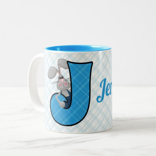 Kinder Blue Jackrabbit Monogram Letter J en Name Tweekleurige Koffiemok (Voorkant links)