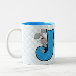 Kinder Blue Jackrabbit Monogram Letter J en Name Tweekleurige Koffiemok