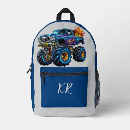 Kinder Blue Monster Truck Oranje Vlammen Initialen Bedrukte Rugzak (Voorkant)