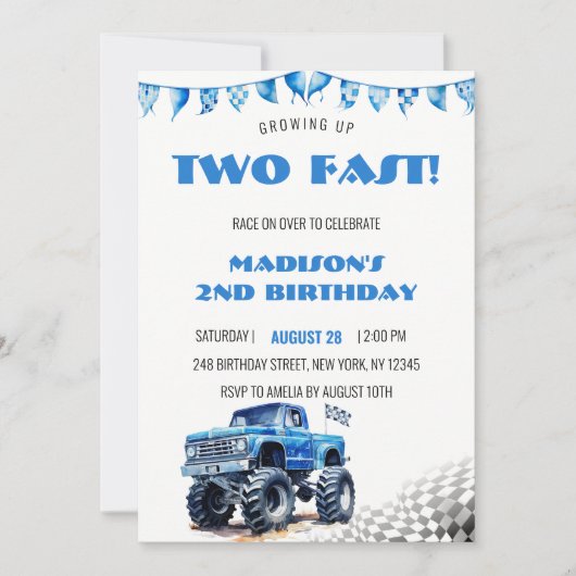Kinder Blue Monster Trucks Verjaardag Kaart (Voorkant)