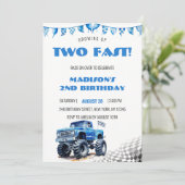 Kinder Blue Monster Trucks Verjaardag Kaart (Staand voorkant)