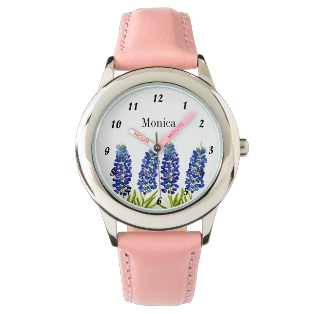 Kinder Bluebonnets Texas Flowers Naam Pink Horloge (Voorkant)