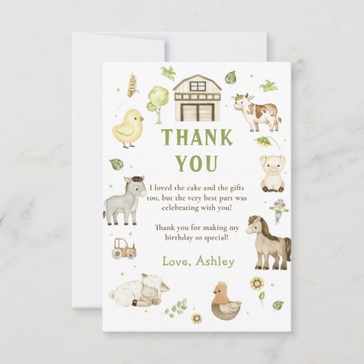 Kinder Boerderij Animal Theme Verjaardag Dank u ka Bedankkaart (Voorkant)