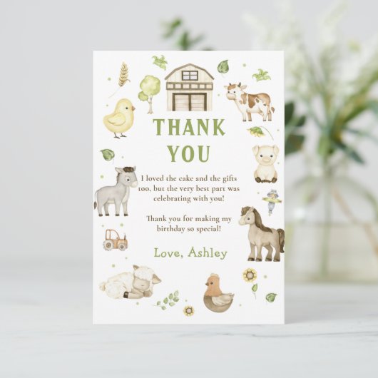 Kinder Boerderij Animal Theme Verjaardag Dank u ka Bedankkaart (Staand voorkant)
