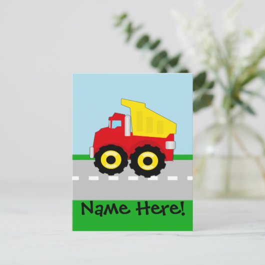 Kinder boogconstructiedumptruck briefkaart (Staand voorkant)