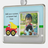 Kinder boogconstructiedumptruck verzilverd omlijst ornament (Links)