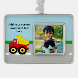 Kinder boogconstructiedumptruck verzilverd omlijst ornament