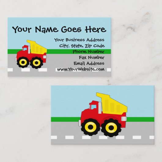 Kinder boogconstructiedumptruck visitekaartje (Voorkant / Achterkant)