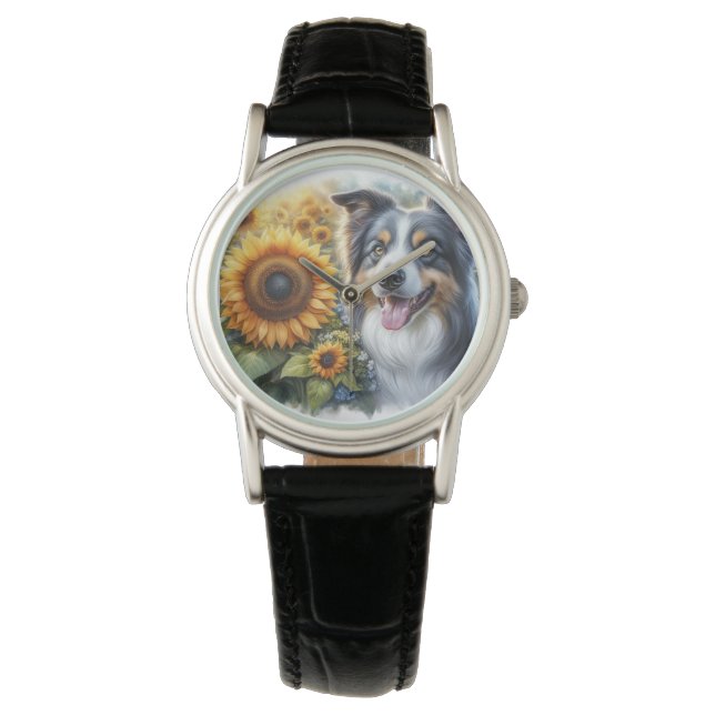 Kinder Border Collie Zonnebloem eWatch Horloge (Voorkant)
