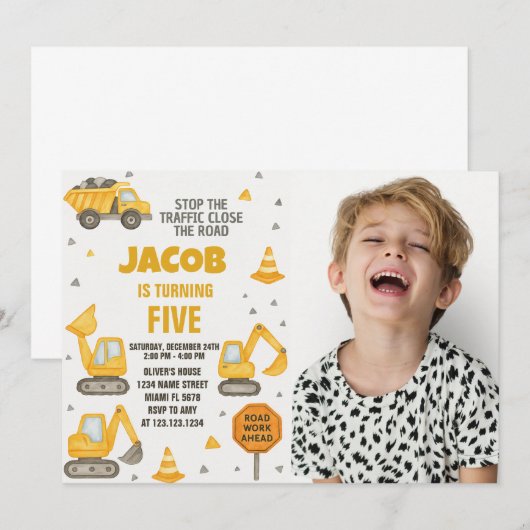 Kinder Bouw Verjaardagsuitnodiging met foto Kaart (Voorkant / Achterkant)