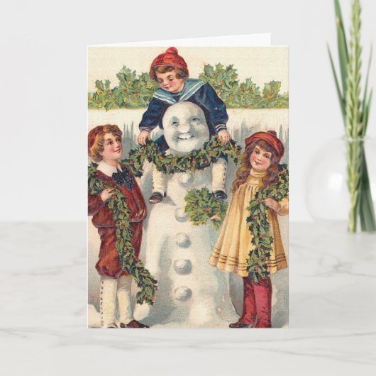 kinder bouwsneeuwpop feestdagen kaart (Voorkant)