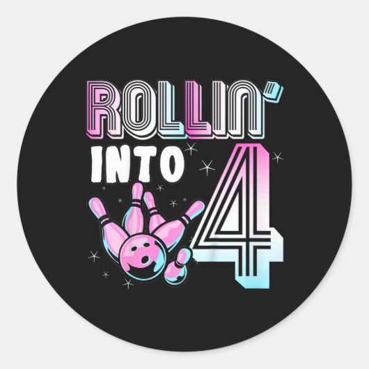 Kinder Bowler Rollin’ Into 4 Bowling 4e verjaardag Ronde Sticker (Voorkant)