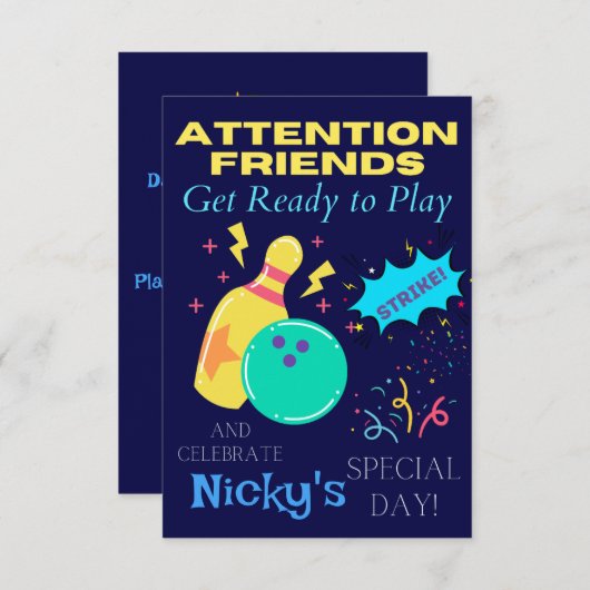 Kinder Bowling Geachte Birthday Party Uitnodiginge Kaart (Voorkant / Achterkant)