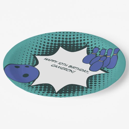 Kinder Bowling Party Happy 10th Verjaardag Naam Papieren Bordje (Gekanteld)