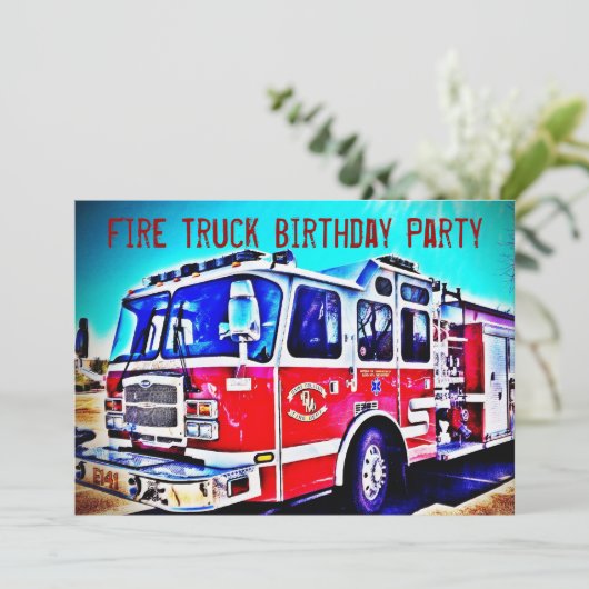 Kinder brandweerwagen - uitnodiging voor een feest (Staand voorkant)