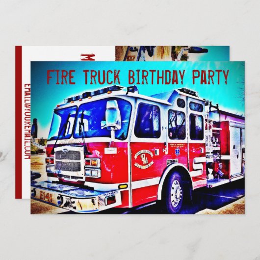 Kinder brandweerwagen - uitnodiging voor een feest (Voorkant / Achterkant)