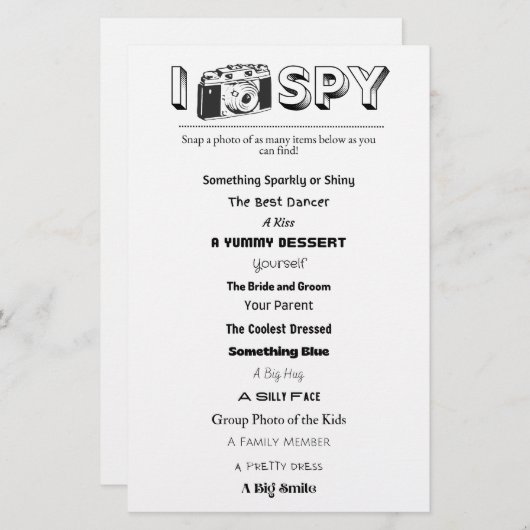 Kinder bruiloft/evenement I-Spy Activiteit Spellet (Voorkant / Achterkant)