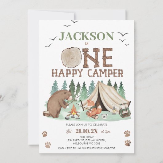 Kinder Bruin Groen Een Gelukkige Camper 1e Verjaar Kaart (Voorkant)