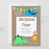 Kinder bruine dinosaurus 4e verjaardagsfeest kaart (Voorkant)