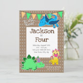 Kinder bruine dinosaurus 4e verjaardagsfeest kaart (Staand voorkant)