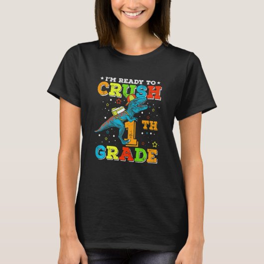 Kinder brullende 1e klas dinosaurus rex terug naar t-shirt (Voorkant)