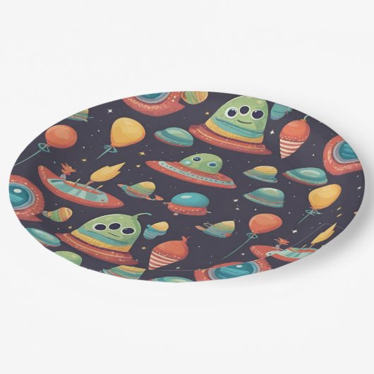 Kinder buitenaardse verjaardagsfeestje servetten papieren bordje (Gekanteld)